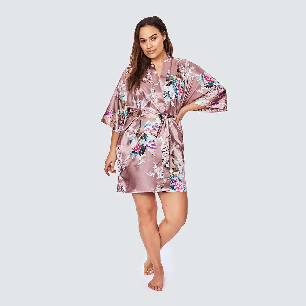Peacock & Blossoms Short Kimono Robe (Plus Size)