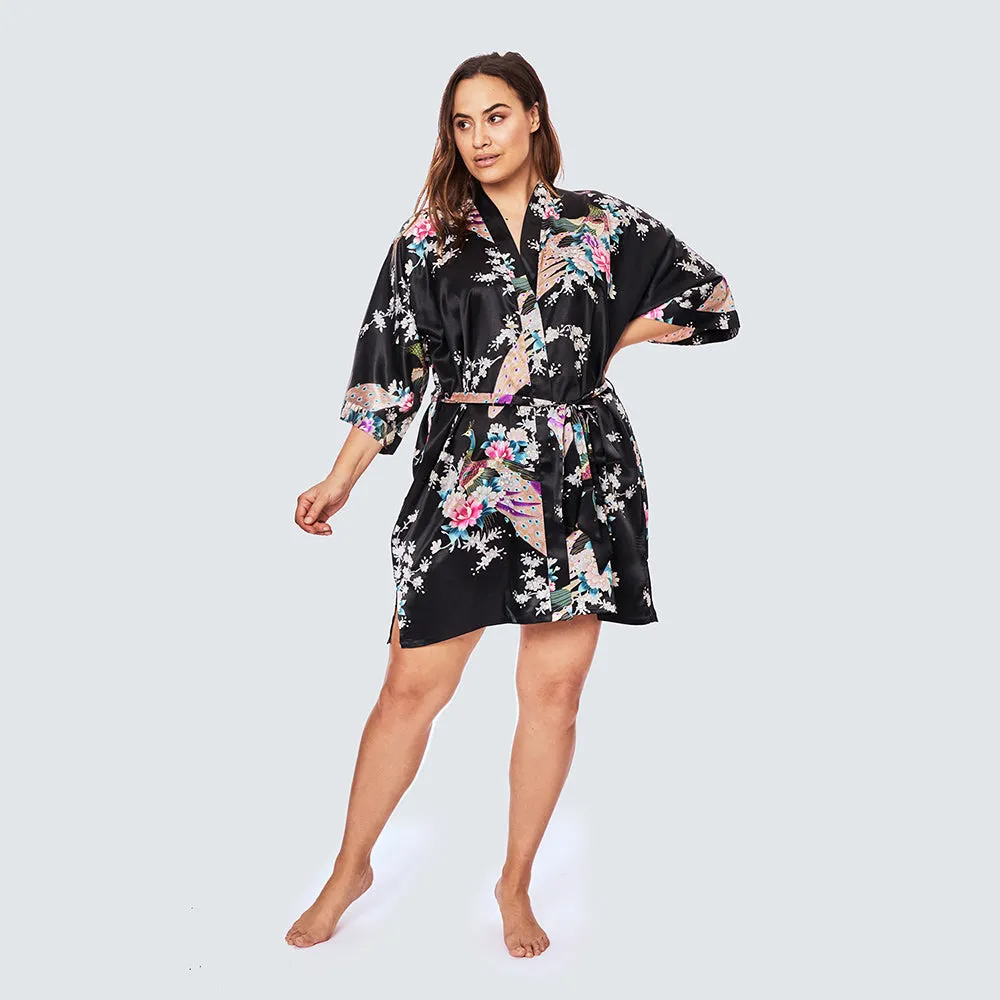 Peacock & Blossoms Short Kimono Robe (Plus Size)