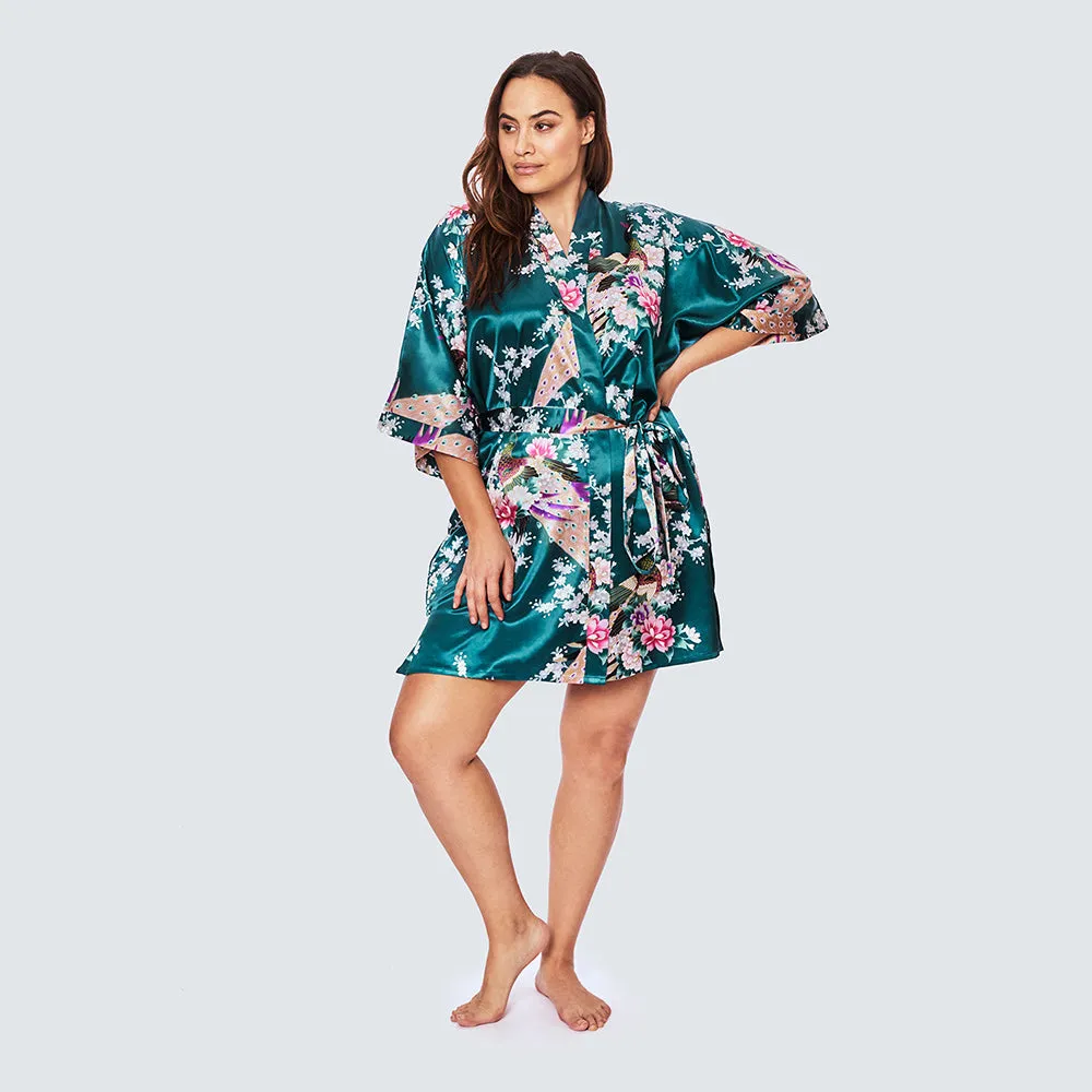 Peacock & Blossoms Short Kimono Robe (Plus Size)