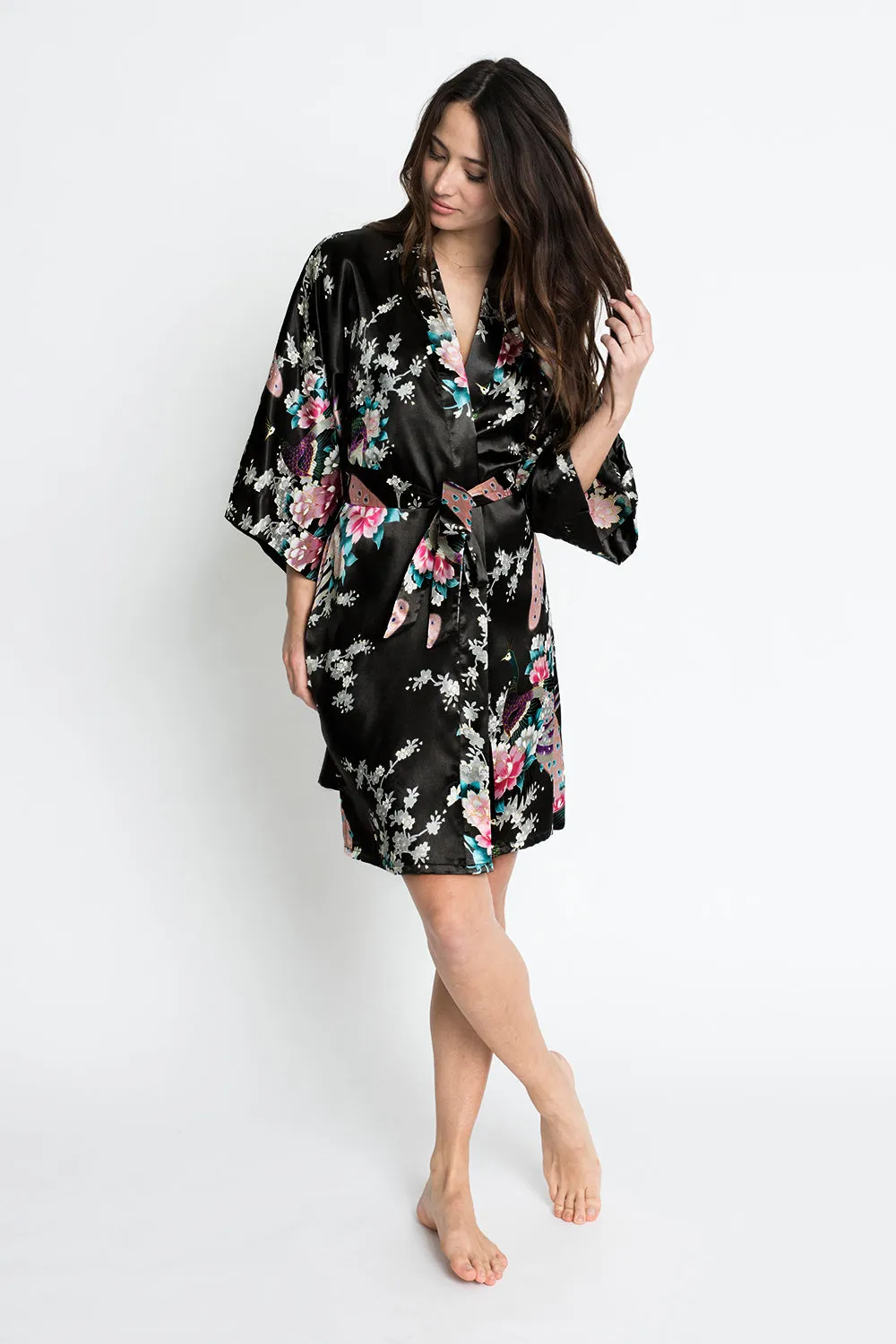 Peacock & Blossoms Short Kimono Robe