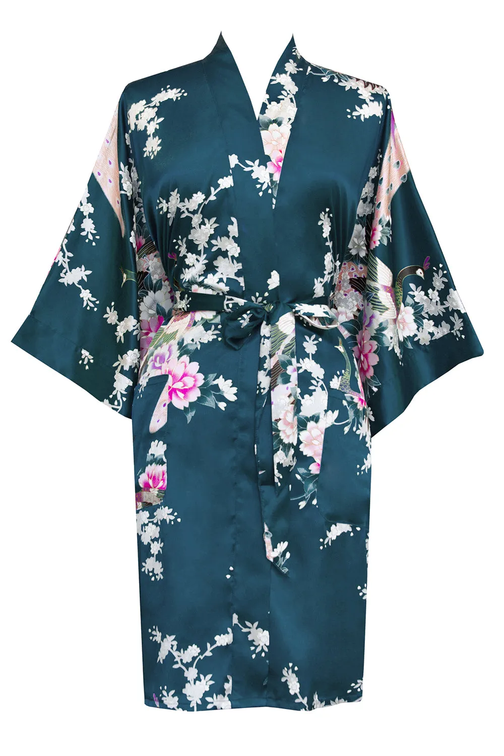 Peacock & Blossoms Short Kimono Robe