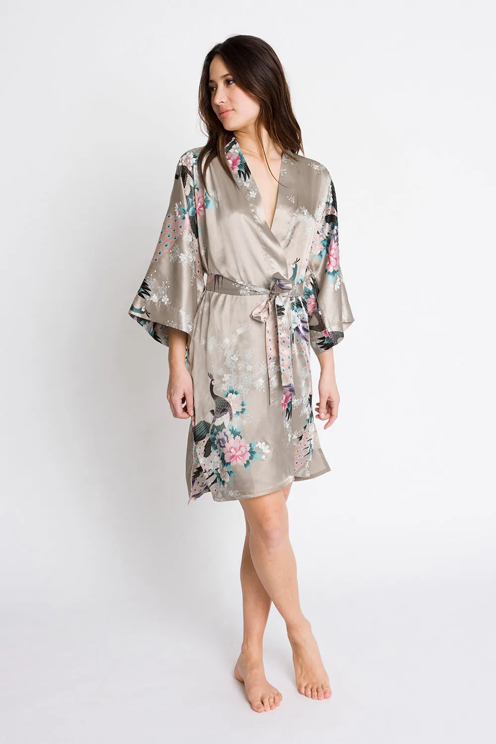 Peacock & Blossoms Short Kimono Robe