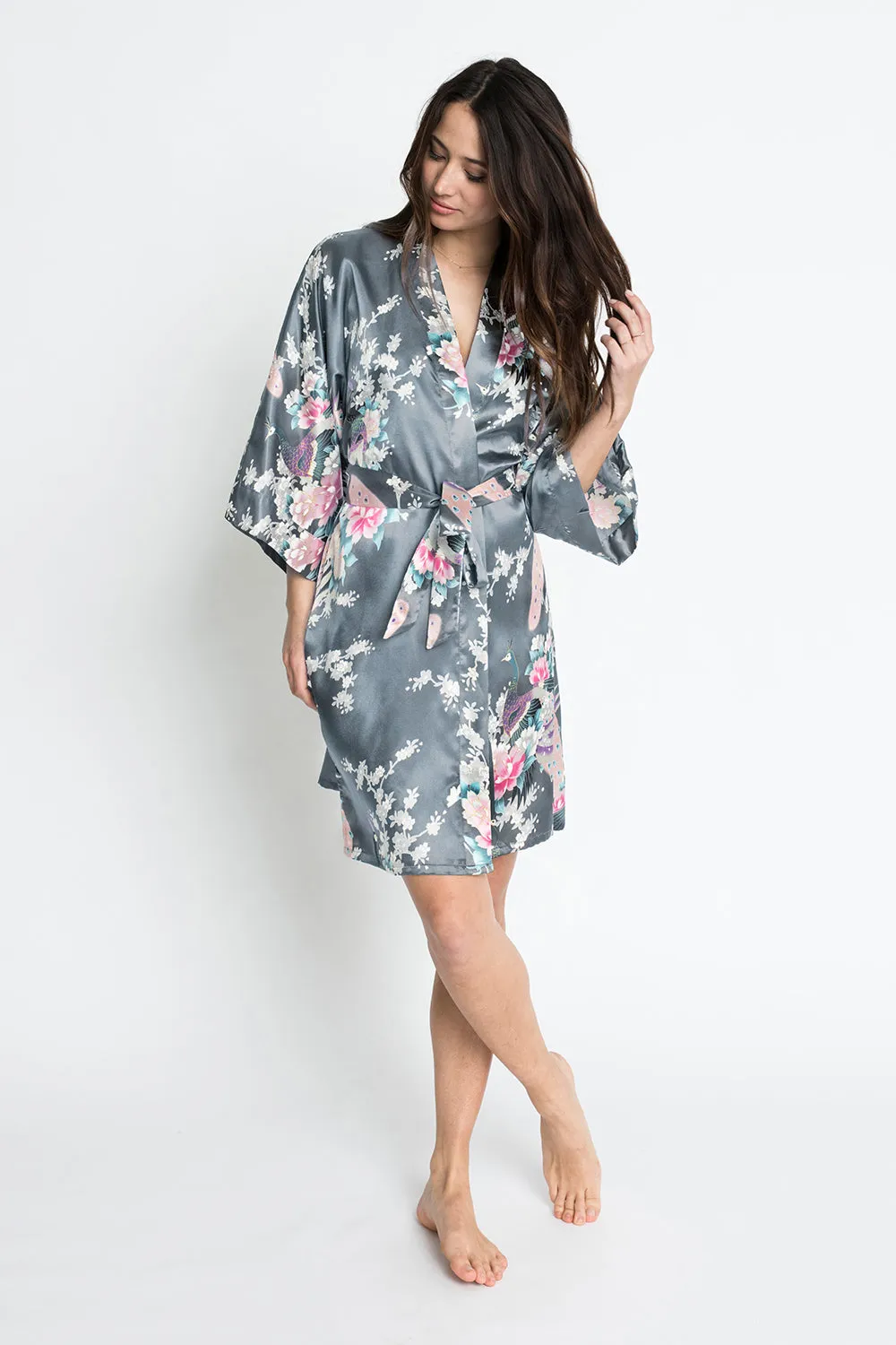 Peacock & Blossoms Short Kimono Robe