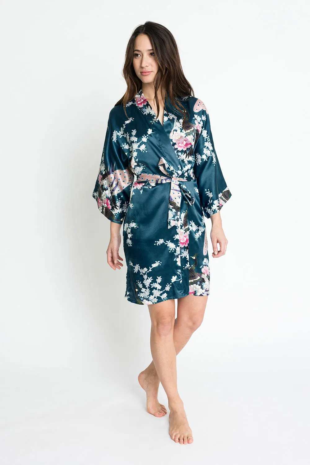 Peacock & Blossoms Short Kimono Robe