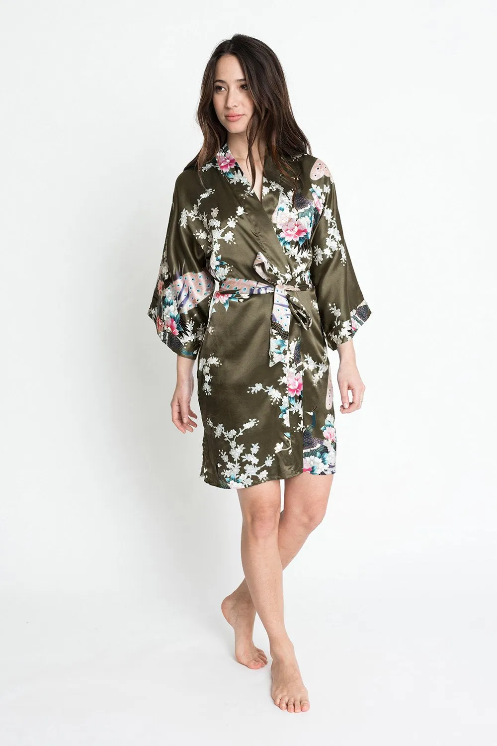 Peacock & Blossoms Short Kimono Robe