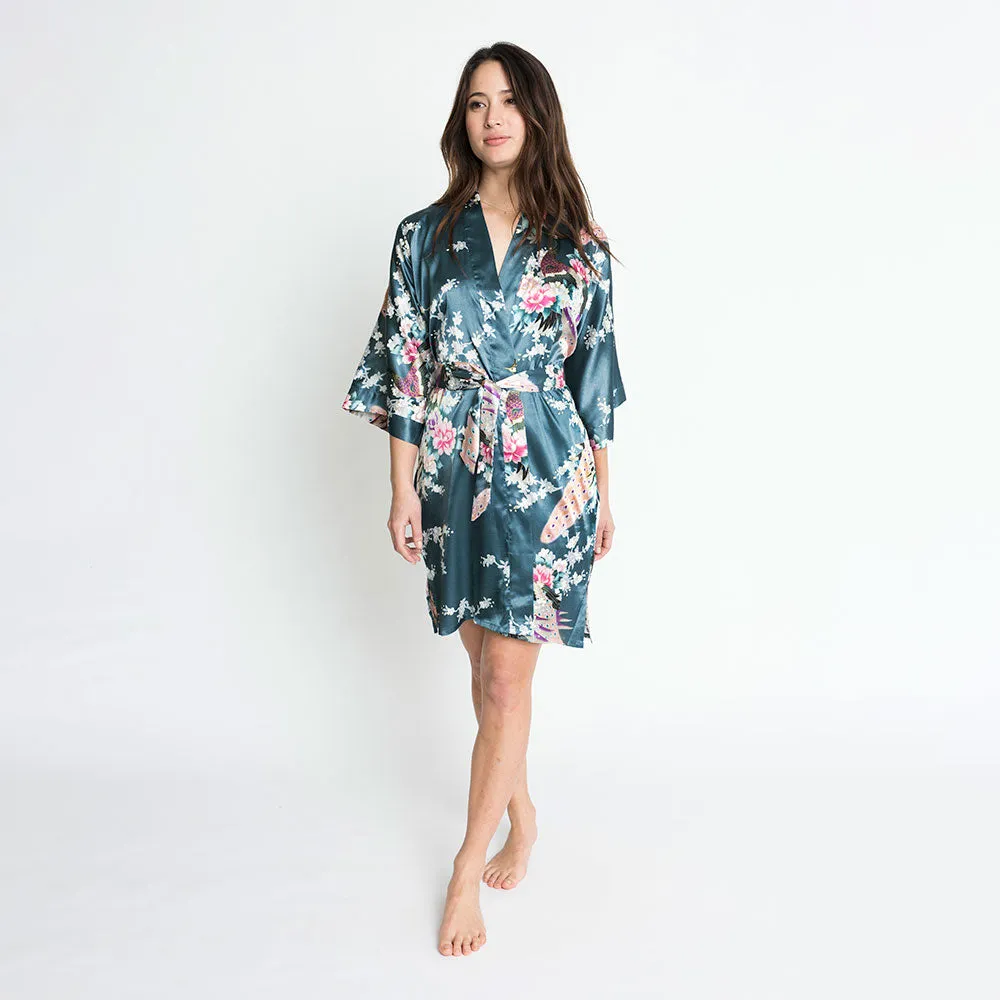 Peacock & Blossoms Short Kimono Robe