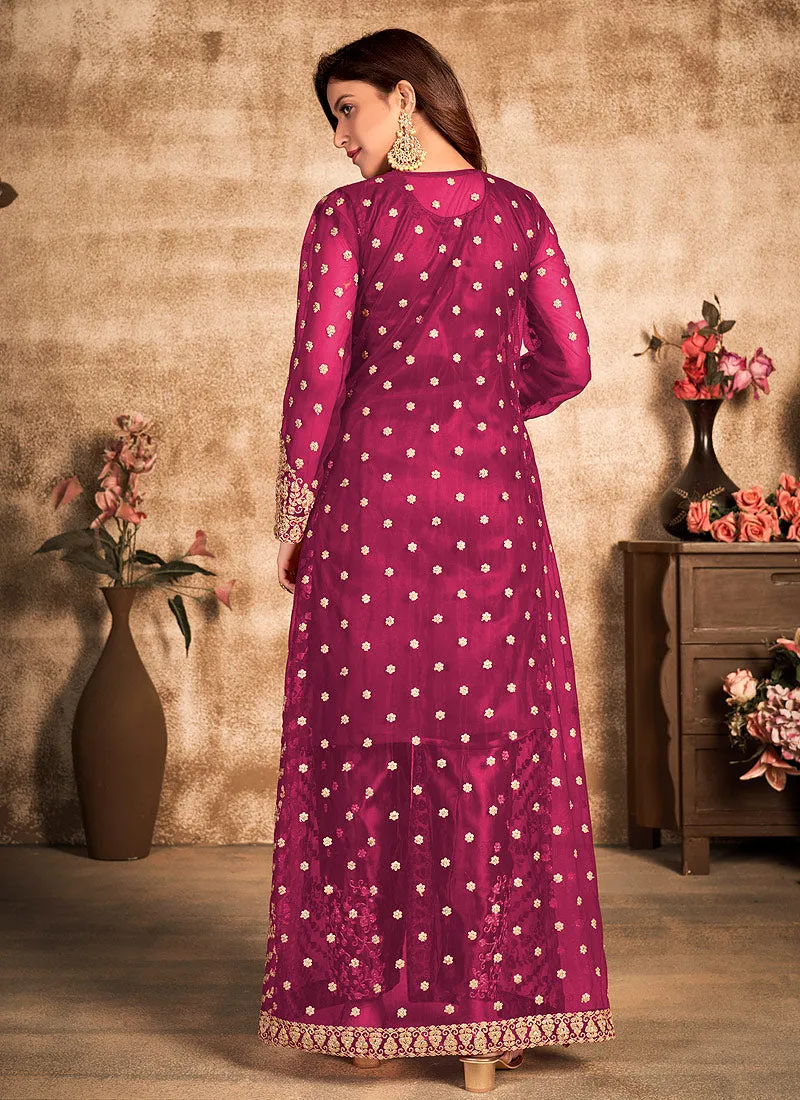 Pink Traditional Embroidered Jacket Style Pant Suit