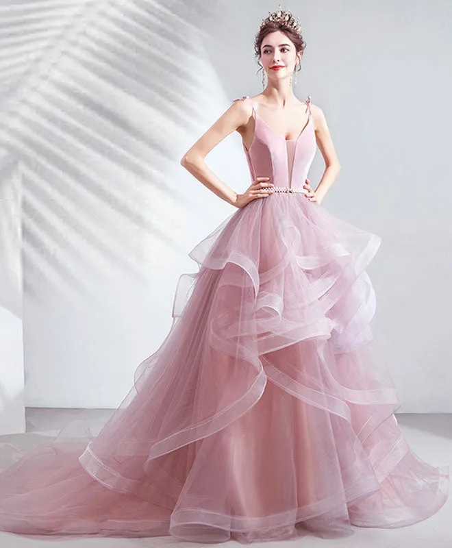 Pink V Neck Tulle Long Prom Dress Pink Tulle Evening Dress