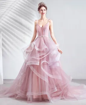 Pink V Neck Tulle Long Prom Dress Pink Tulle Evening Dress