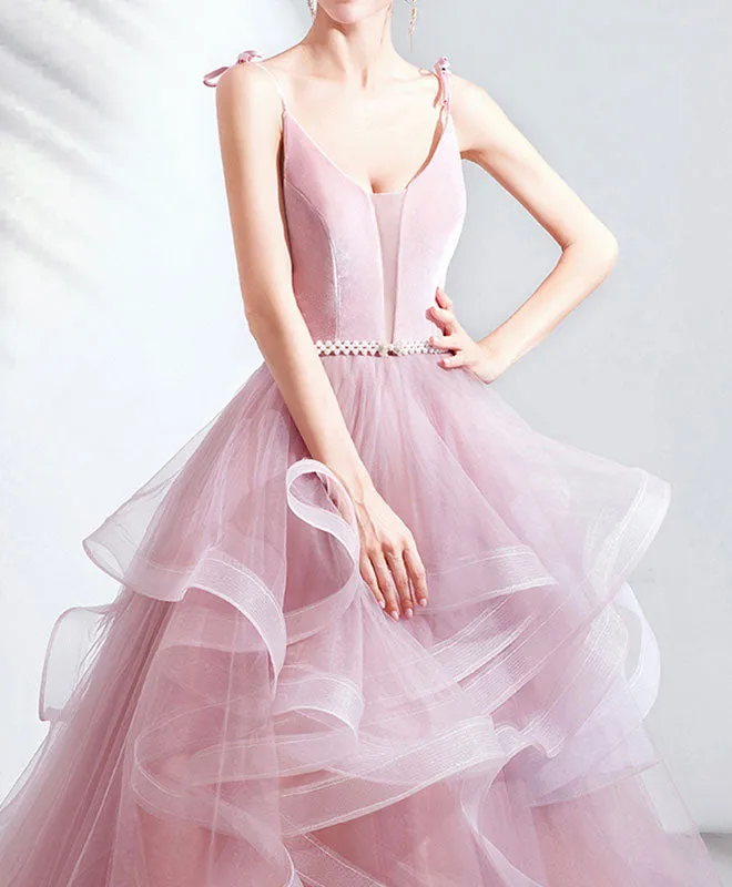 Pink V Neck Tulle Long Prom Dress Pink Tulle Evening Dress