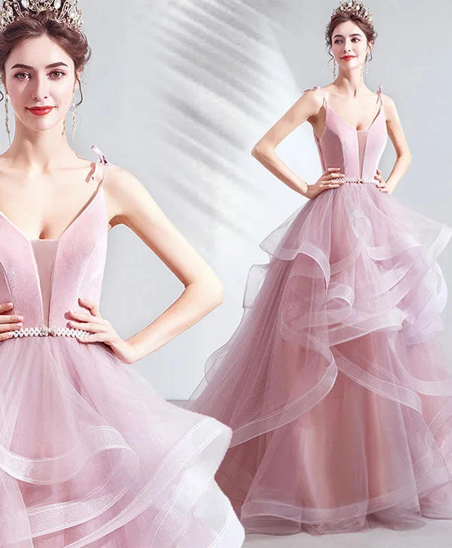 Pink V Neck Tulle Long Prom Dress Pink Tulle Evening Dress