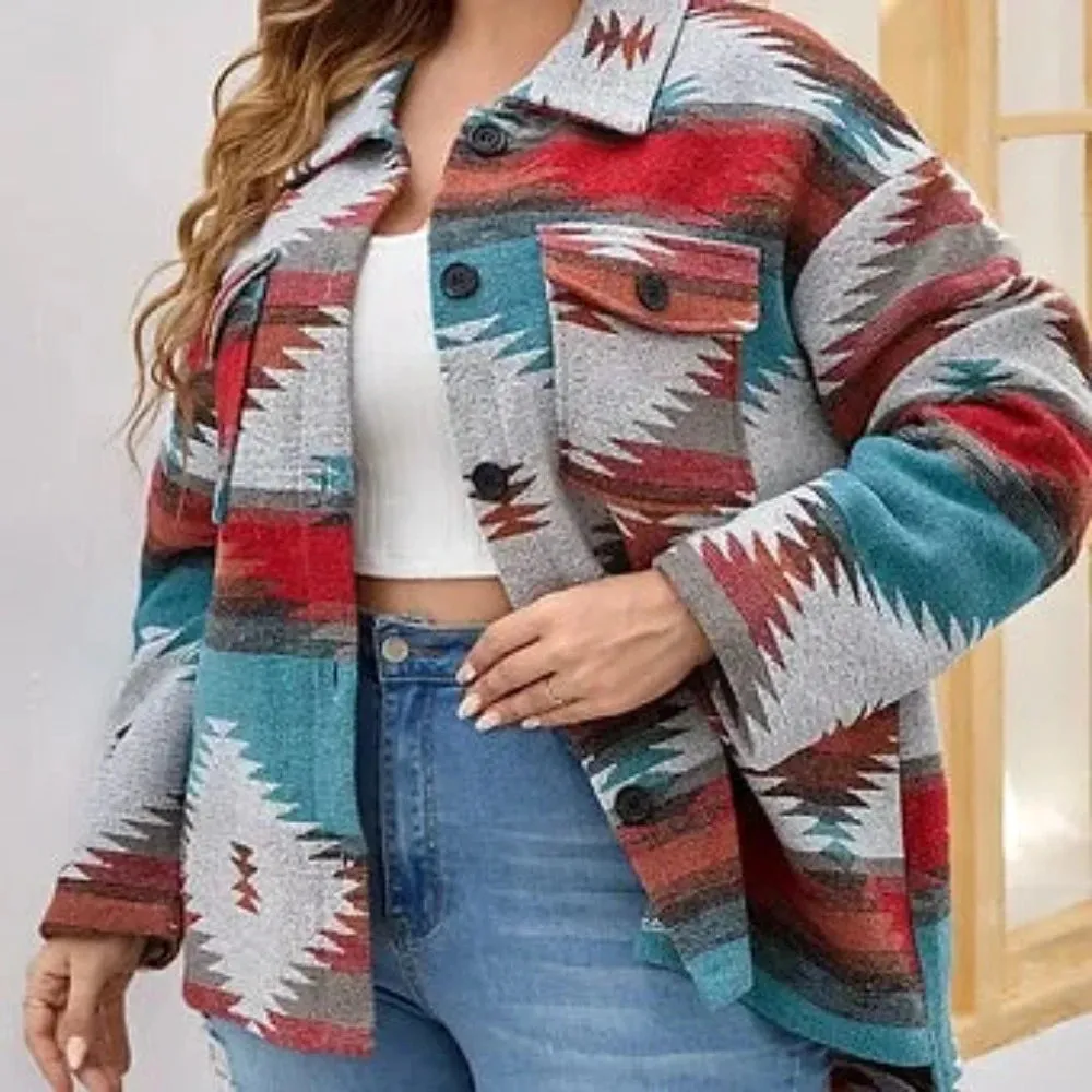 Plus Size Women's Aztec Print Coat Jacket