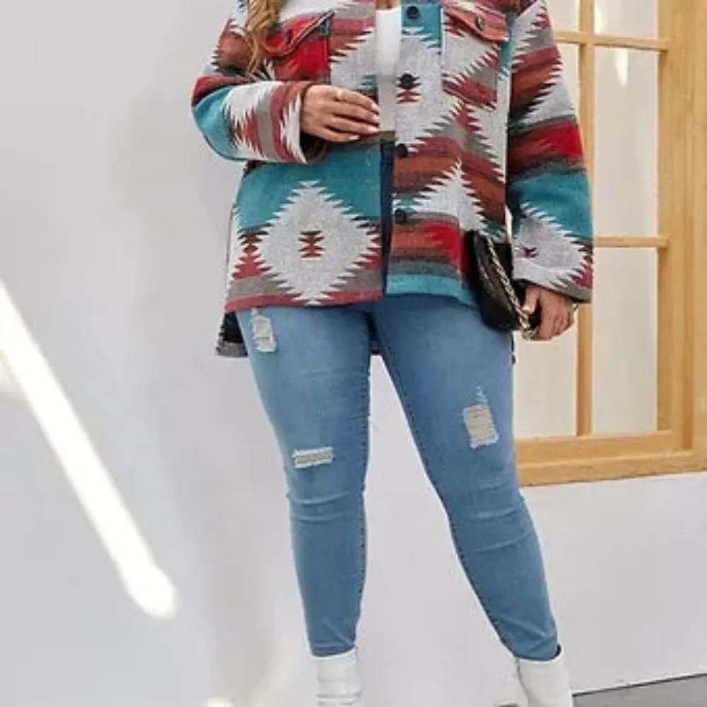 Plus Size Women's Aztec Print Coat Jacket