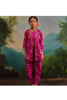 Purple Cotton Check Printed Top Jacket With Cowl Dhoti Set