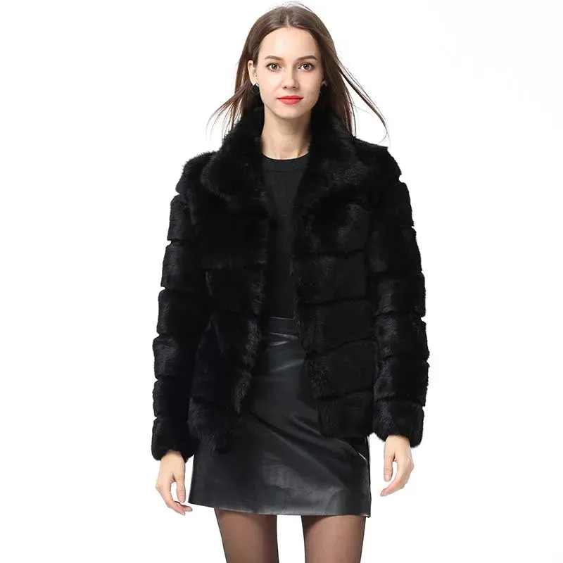 QUEENTINA  Rabbit Fur Coat Collar Whole Full Pelt Fashion Luxury Waistcoat Natural Imitation Coats New Women's Winter Jacket