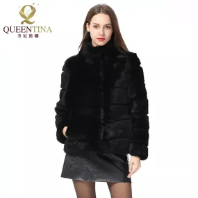 QUEENTINA  Rabbit Fur Coat Collar Whole Full Pelt Fashion Luxury Waistcoat Natural Imitation Coats New Women's Winter Jacket