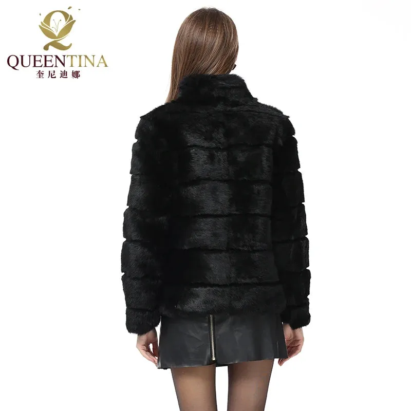 QUEENTINA  Rabbit Fur Coat Collar Whole Full Pelt Fashion Luxury Waistcoat Natural Imitation Coats New Women's Winter Jacket
