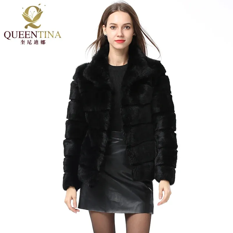 QUEENTINA  Rabbit Fur Coat Collar Whole Full Pelt Fashion Luxury Waistcoat Natural Imitation Coats New Women's Winter Jacket