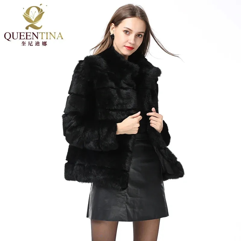 QUEENTINA  Rabbit Fur Coat Collar Whole Full Pelt Fashion Luxury Waistcoat Natural Imitation Coats New Women's Winter Jacket