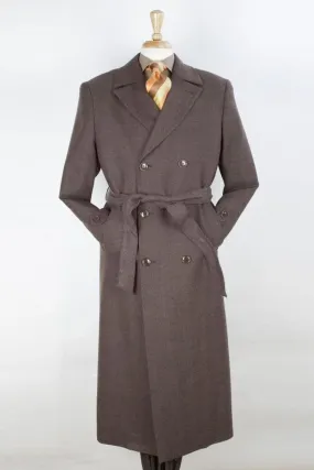 "Apollo King Brown Herringbone Wool Overcoat: Double Breasted Belted Luxury"