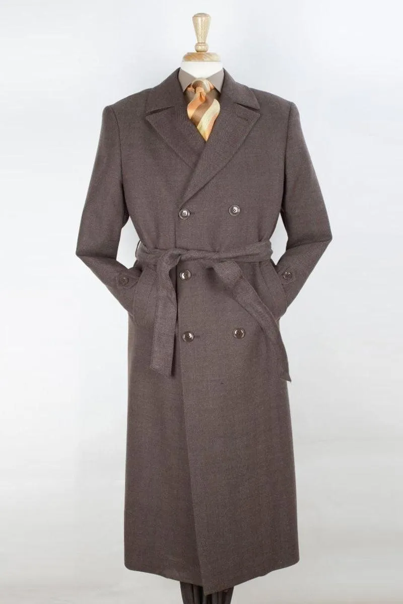 "Apollo King Brown Herringbone Wool Overcoat: Double Breasted Belted Luxury"