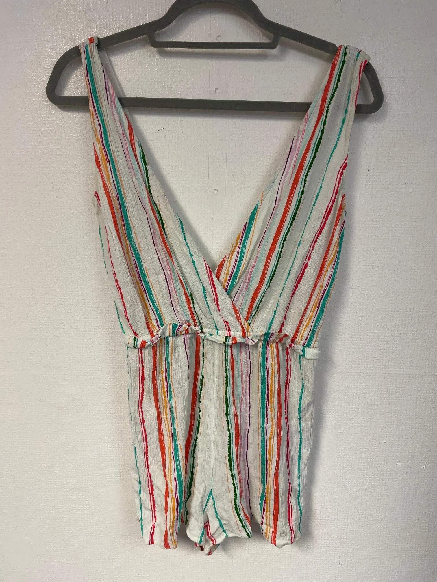 Rainbow stripe crinkle babydoll playsuit, Primark, Size 6, 8 (Viscose)