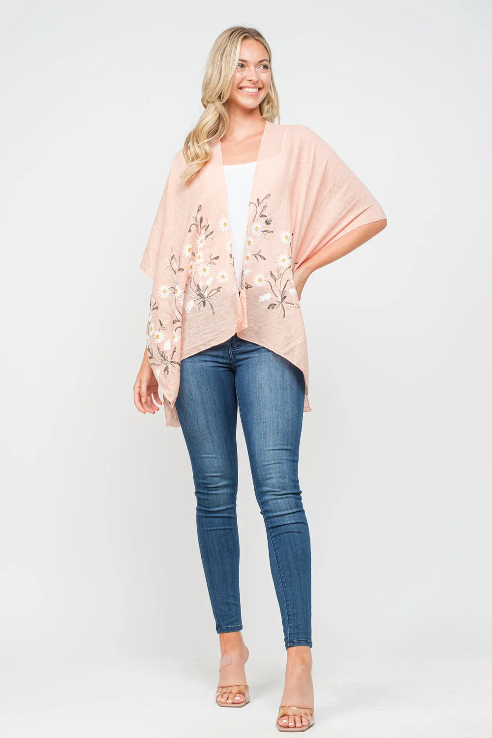 RAJ PAULINE PEARL PEACH FLORAL EMBROIDERED DUSTER KIMONO