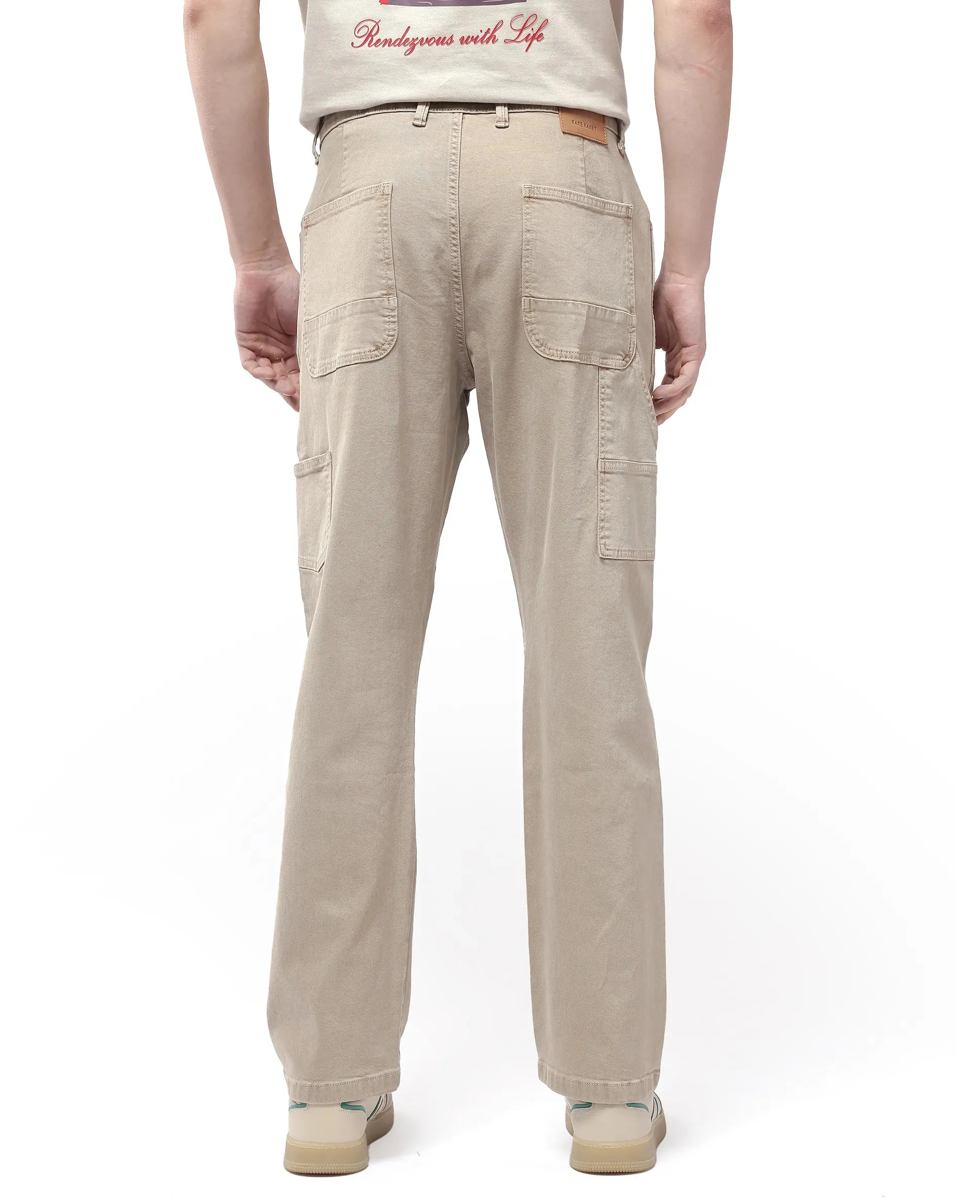 Rare Rabbit Men Arni Light Beige Cotton Viscose Fabric Carpenter Fit Plain Denim Pant