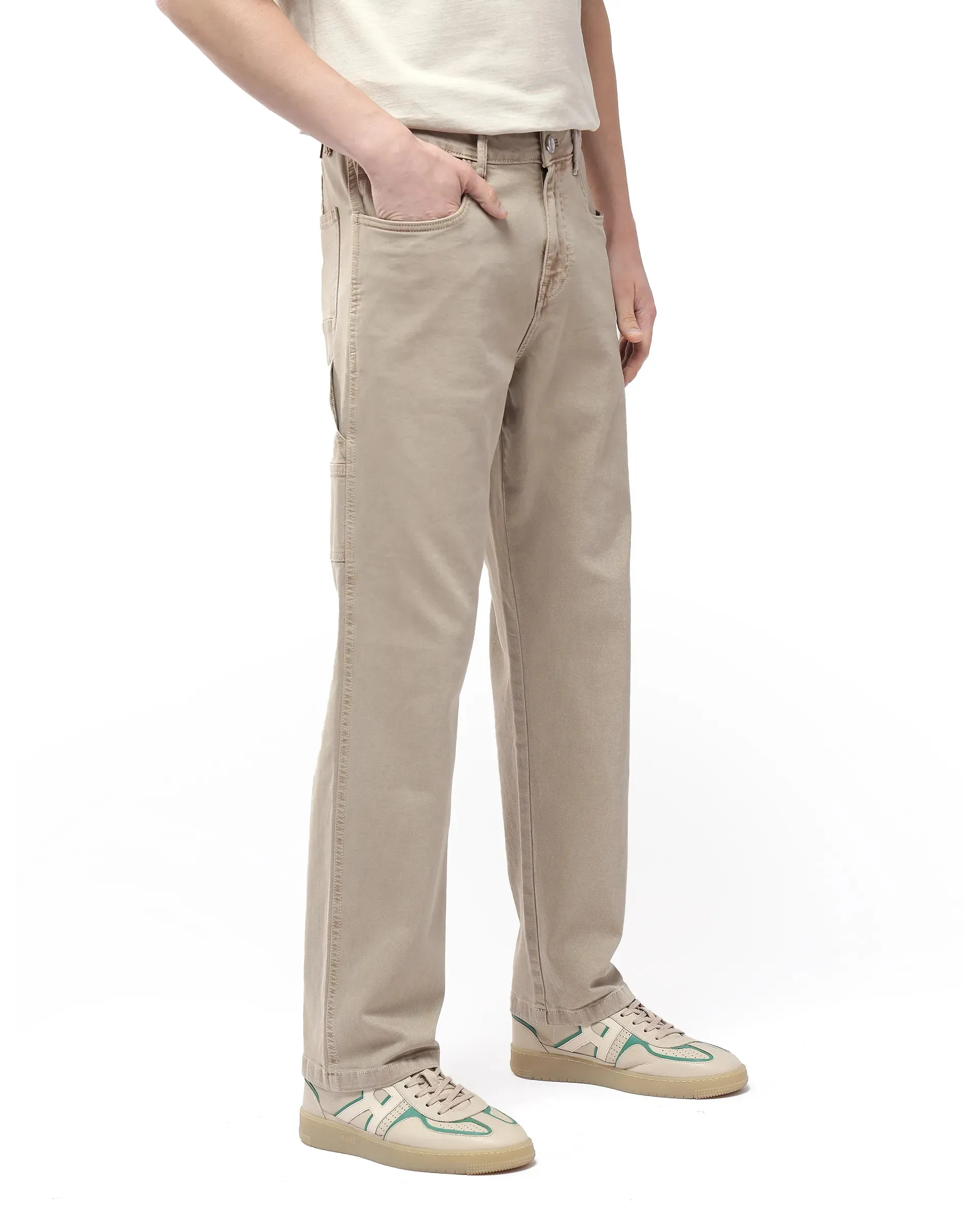 Rare Rabbit Men Arni Light Beige Cotton Viscose Fabric Carpenter Fit Plain Denim Pant