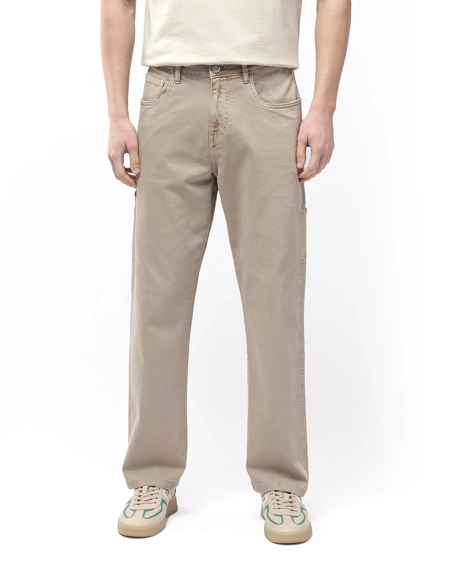 Rare Rabbit Men Arni Light Beige Cotton Viscose Fabric Carpenter Fit Plain Denim Pant