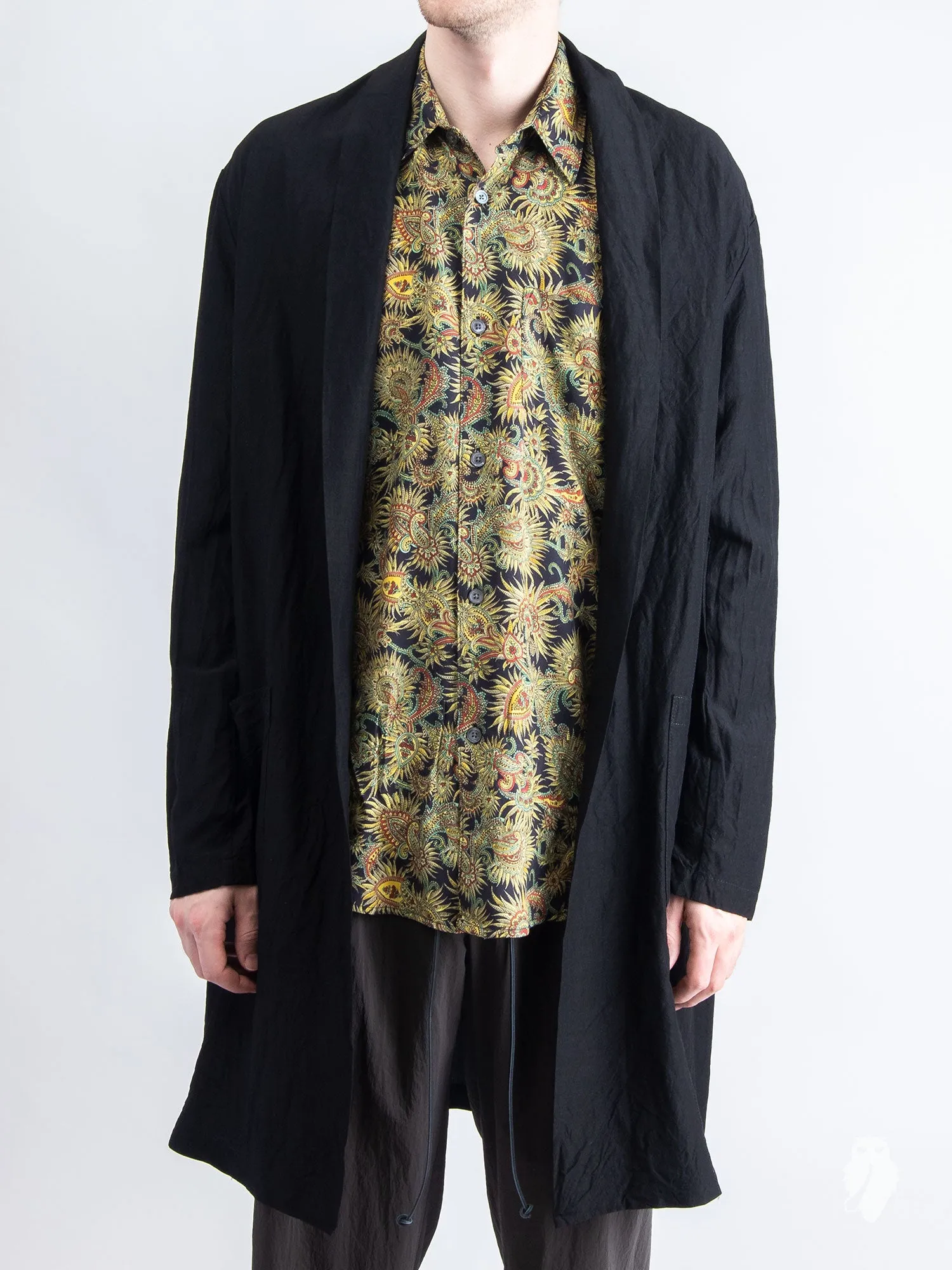 Rayon/Ramie Stole Collar Long Cardigan in Black