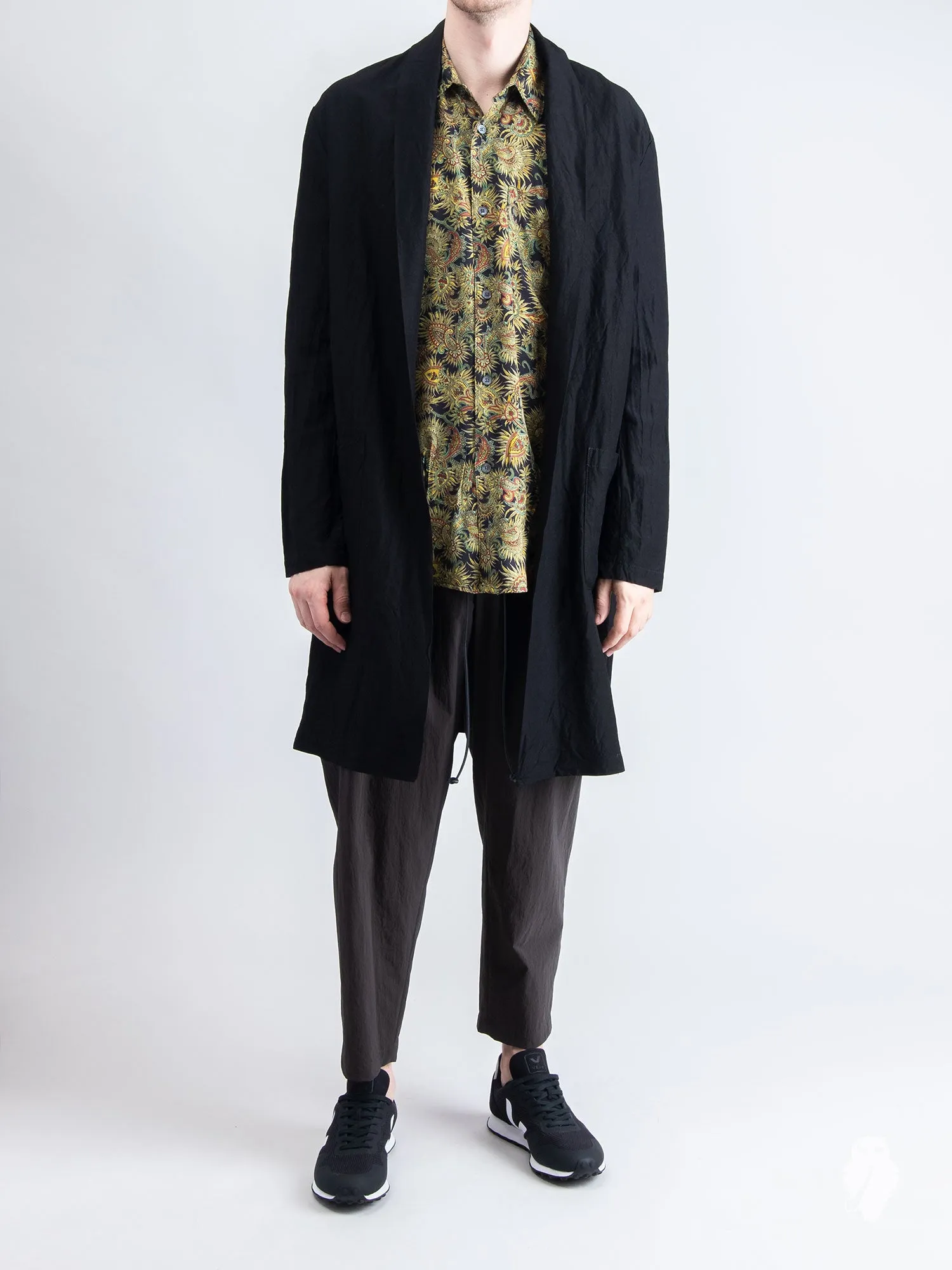 Rayon/Ramie Stole Collar Long Cardigan in Black