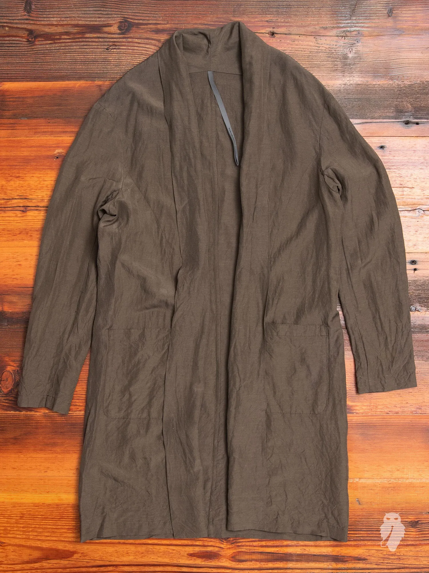 Rayon/Ramie Stole Collar Long Cardigan in Olive