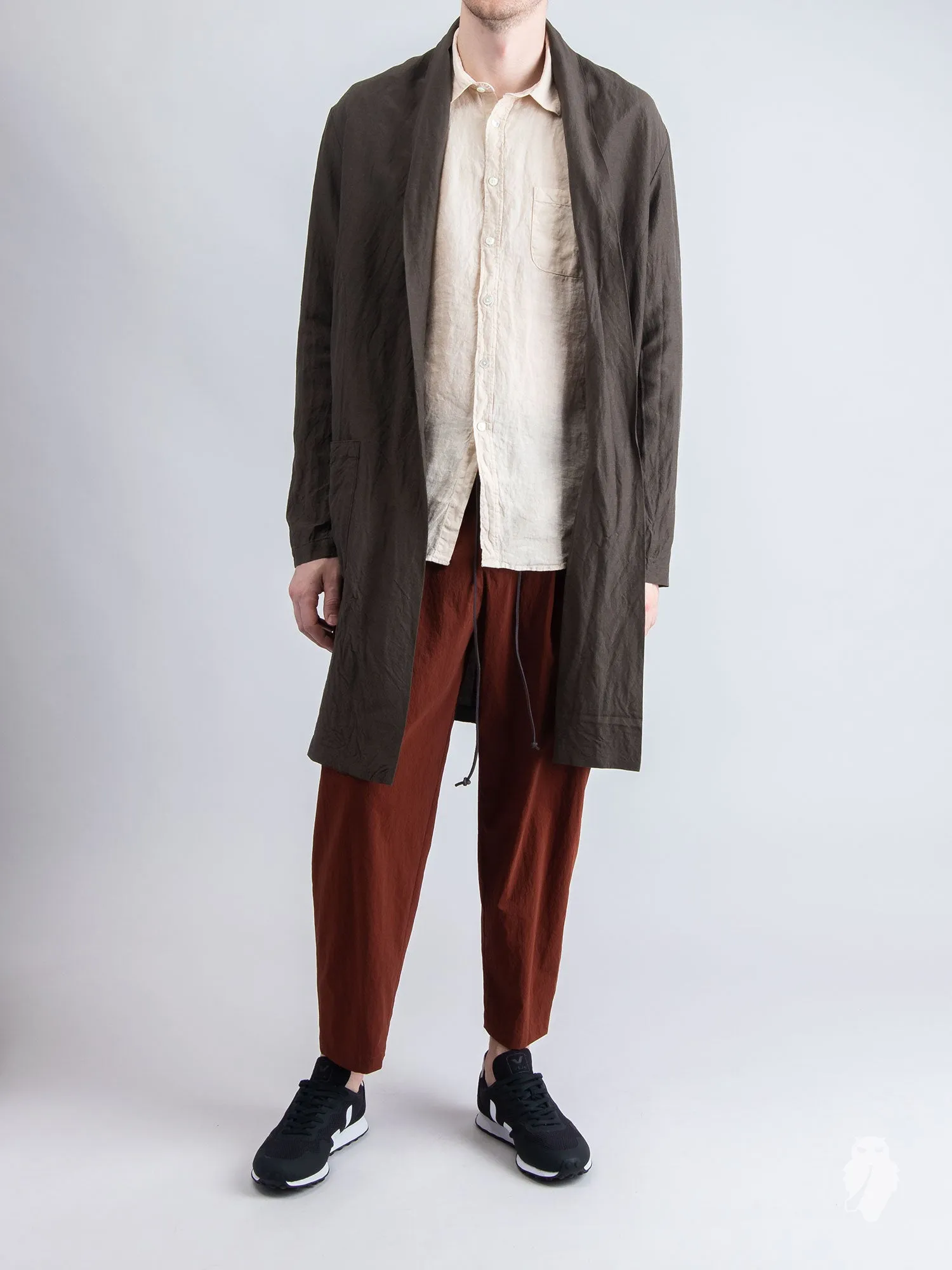 Rayon/Ramie Stole Collar Long Cardigan in Olive