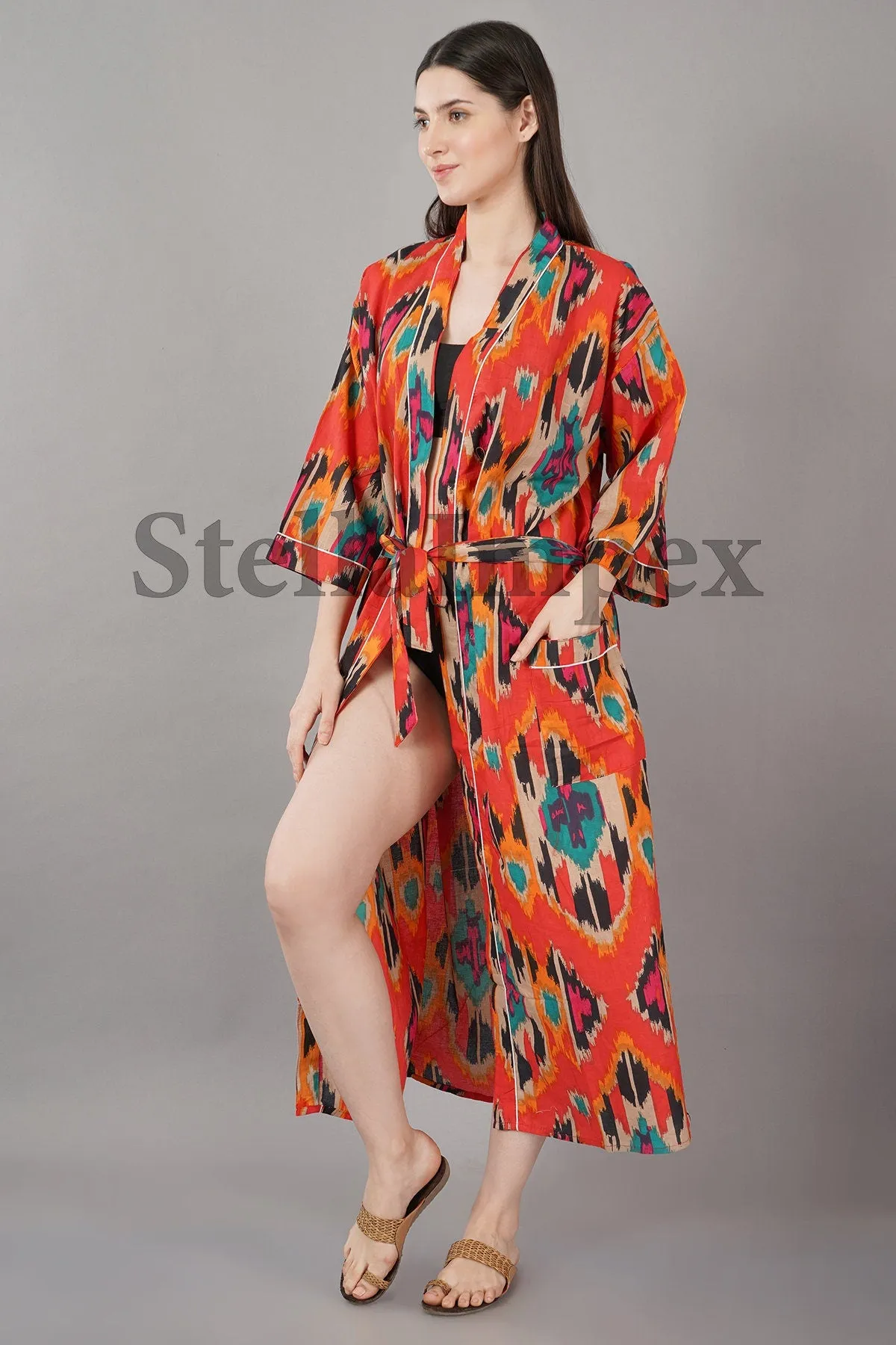 Red & Black Elegant Cotton Kimono Bathrobe Resort Wear Beach Bikini Cover-ups Boho Kimono Bathrobe, Gift for Her