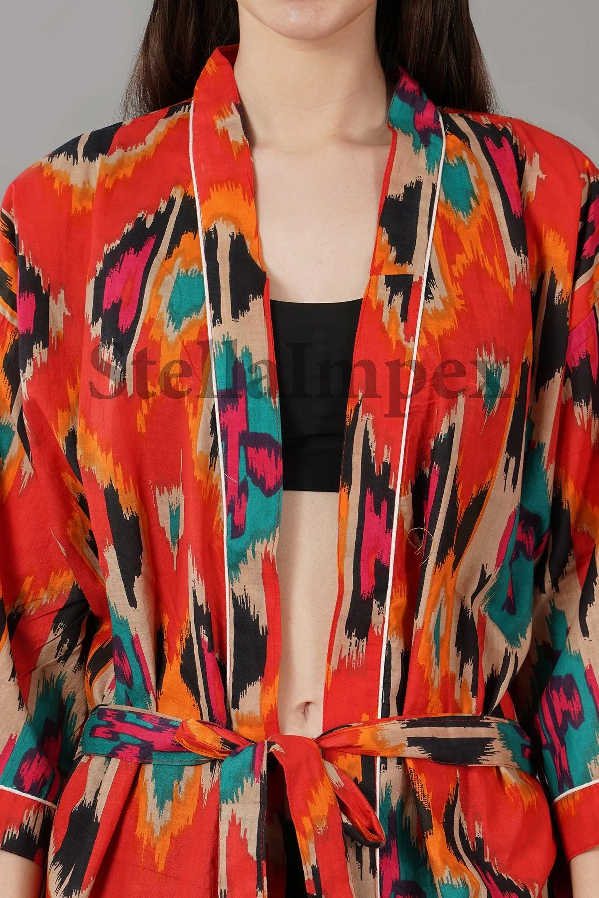 Red & Black Elegant Cotton Kimono Bathrobe Resort Wear Beach Bikini Cover-ups Boho Kimono Bathrobe, Gift for Her
