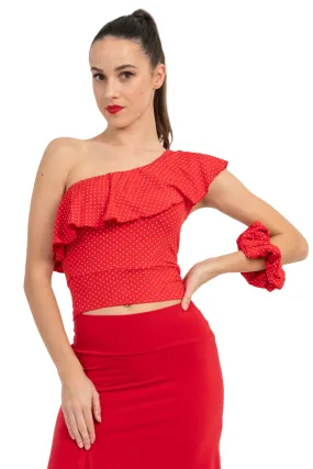 Red Polka Dot One Shoulder Crop Top With Ruffles