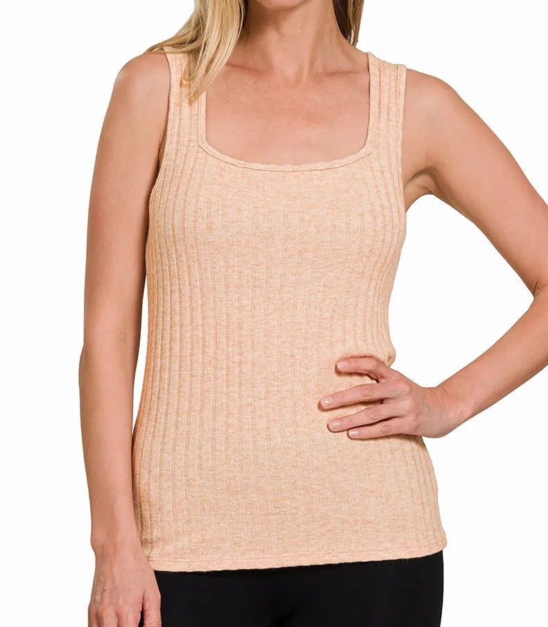 Ribbed Square Neck Tank Top (Tan) - SALE