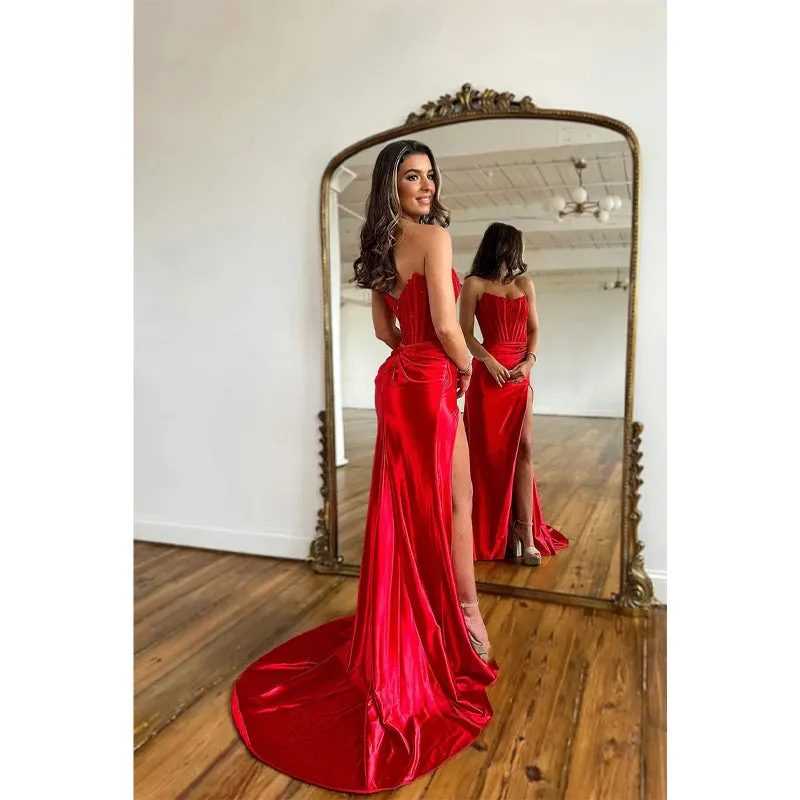 Sheath Straps Lace Appliques Side Slit Long Prom Dress