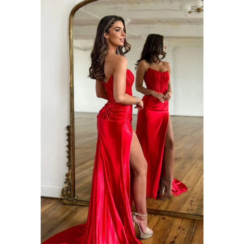Sheath Straps Lace Appliques Side Slit Long Prom Dress