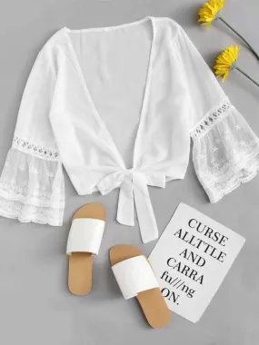 Sheer Mesh Sleeve Knot Plunge Top