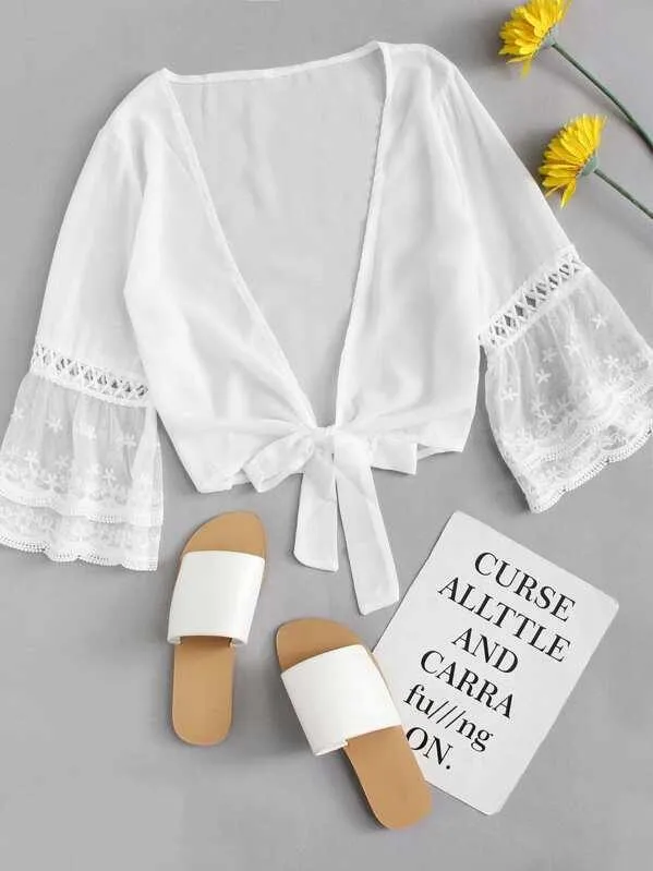 Sheer Mesh Sleeve Knot Plunge Top