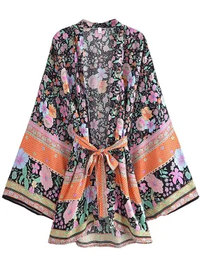 Short Kimono Black Flowers