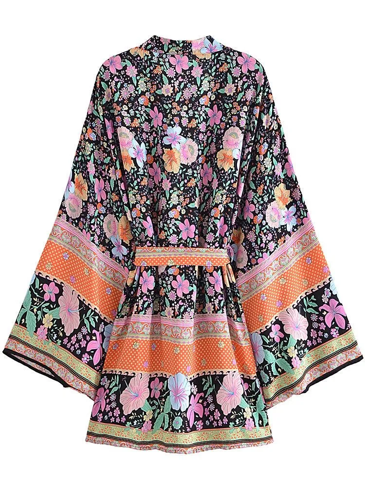 Short Kimono Black Flowers