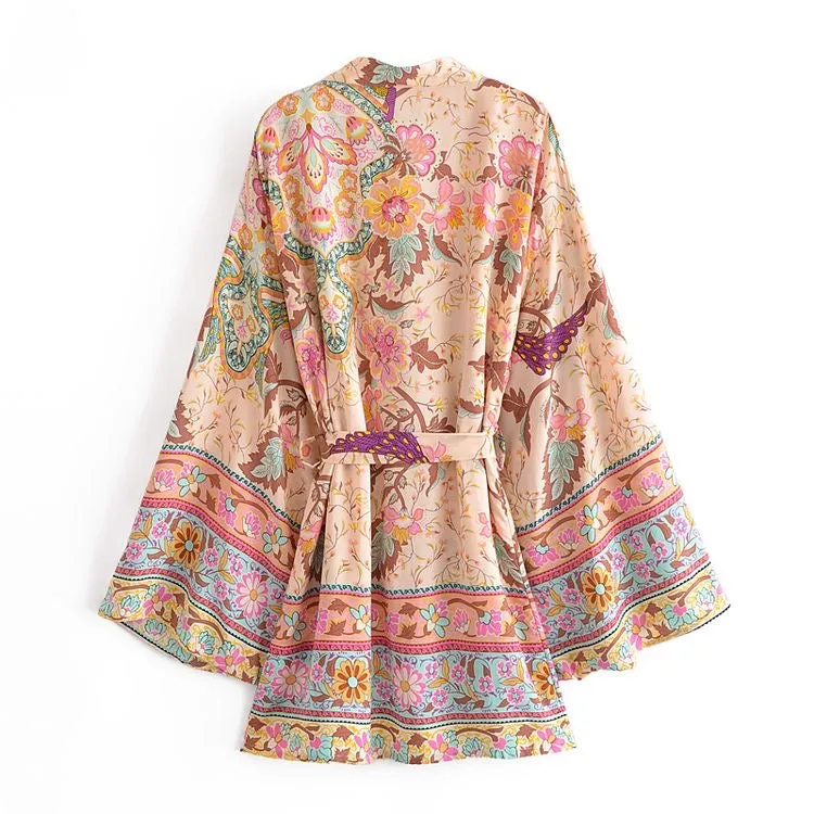 Short Kimono Floral Beige Pink