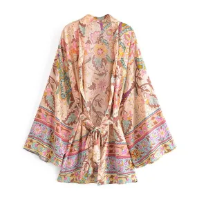 Short Kimono Floral Beige Pink