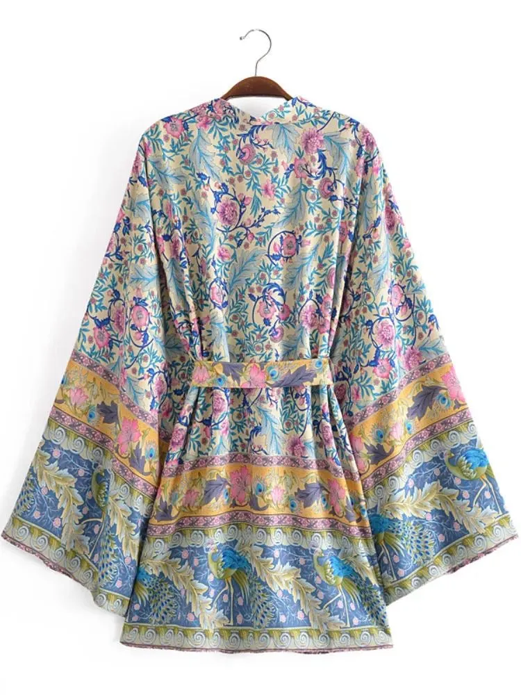 Short Kimono Floral Pink Blue