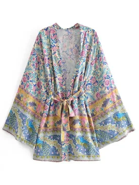 Short Kimono Floral Pink Blue