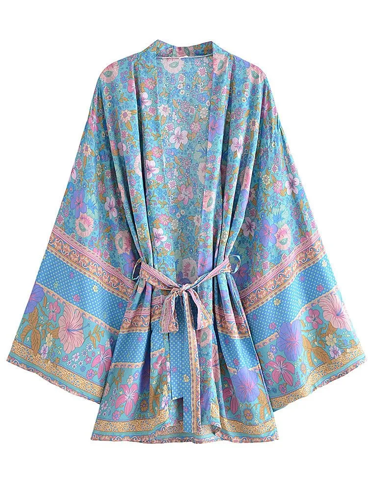 Short Kimono Flowers Light Blue-Pink