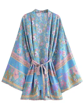 Short Kimono Flowers Light Blue-Pink